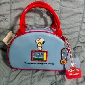 NWT Peanuts Snoopy 75th Anniversary Light Blue and Red Bag with Woodstock Charm